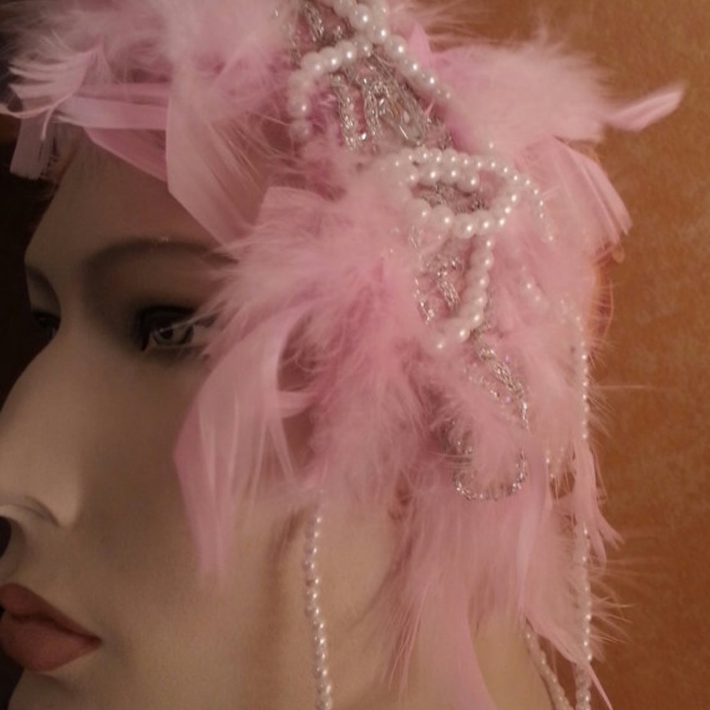 Pink Feather Pearl Rhinestone Bridal Headpiece - Picture 3 of 5